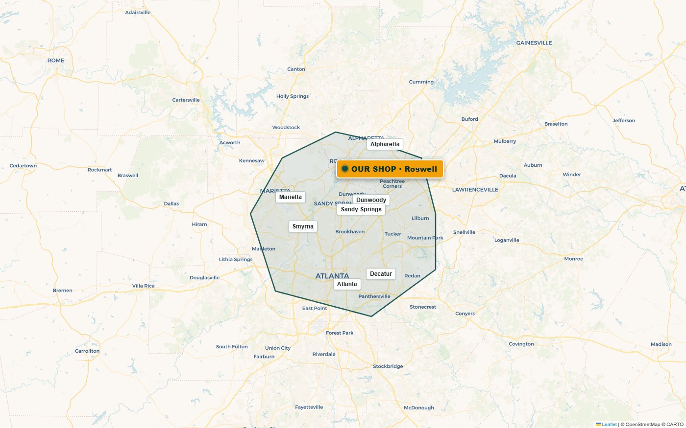 Sun Appliance Repair service-area coverage across metro Atlanta — our shop is in Roswell, GA, serving Marietta, Sandy Springs, Alpharetta, Decatur, Smyrna, Dunwoody and the surrounding metro.